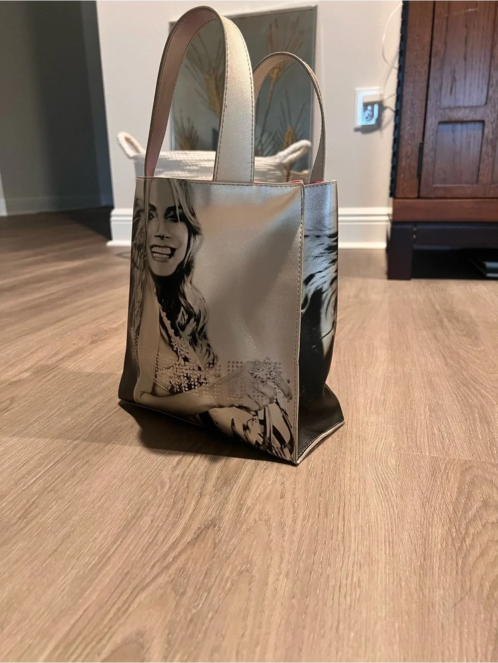 Victoria's Secret Silver Tote with Pink Interior and Photo Print
